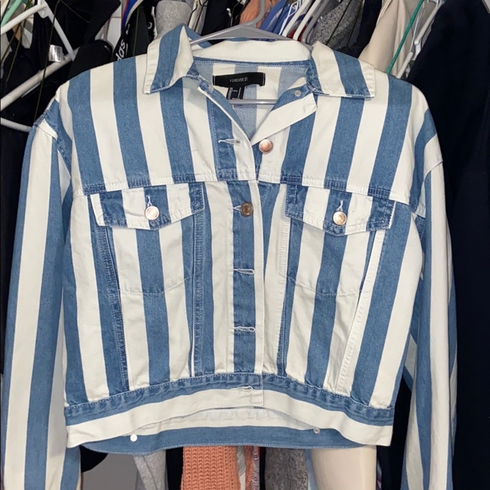Forever 21 White Striped Denim Jacket